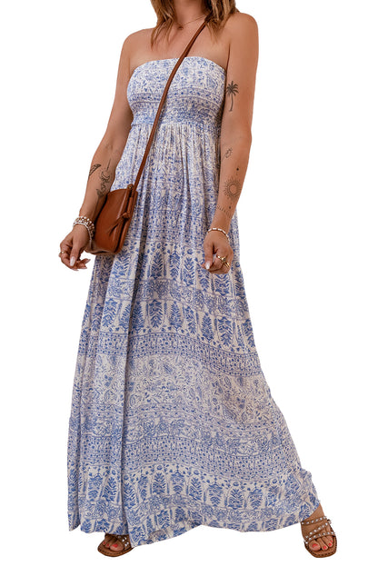 Blue Tube Smocked Wide Leg Floral Jumpsuit