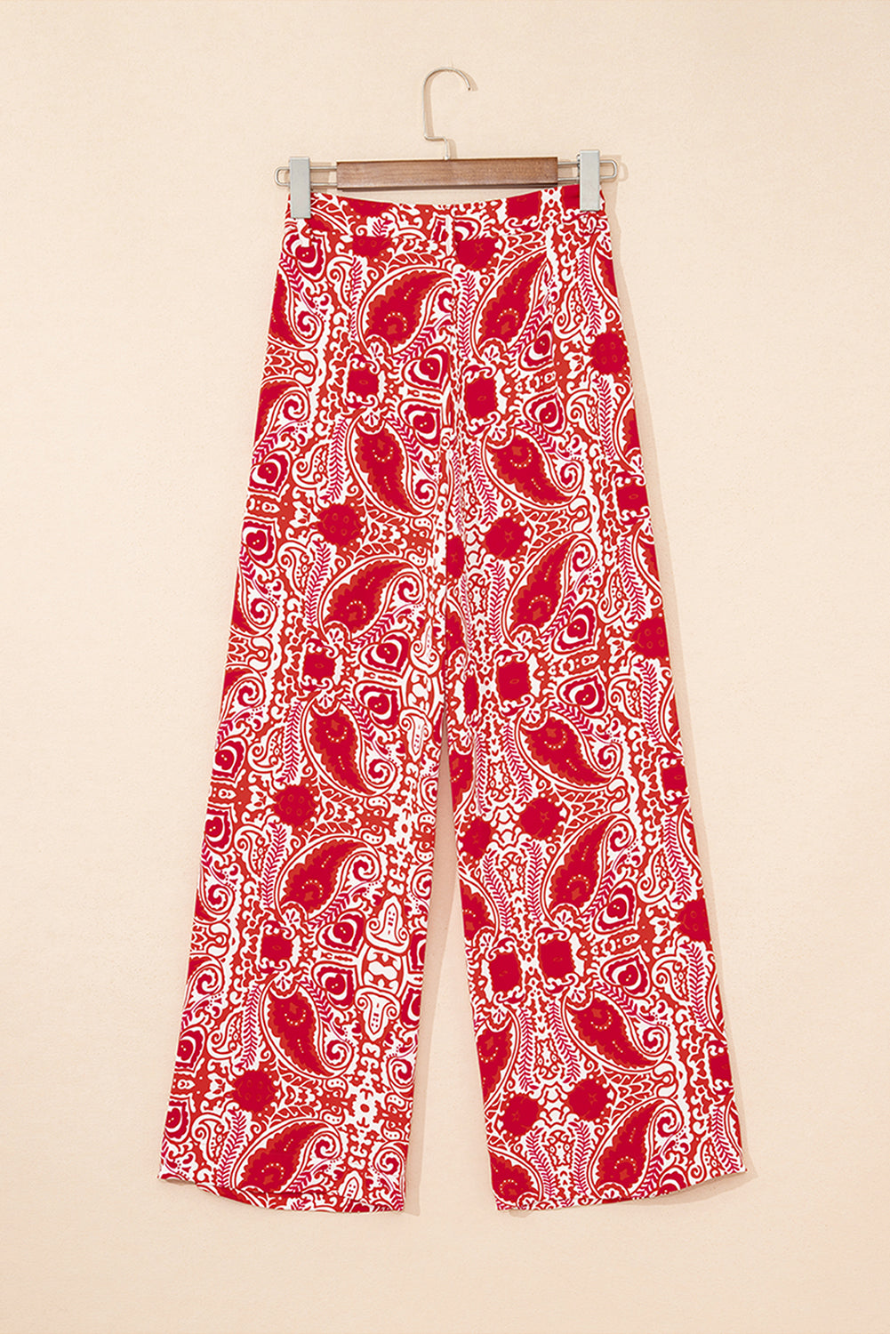 Red Paisley Printed Buttoned High Waist Straight Leg Pants