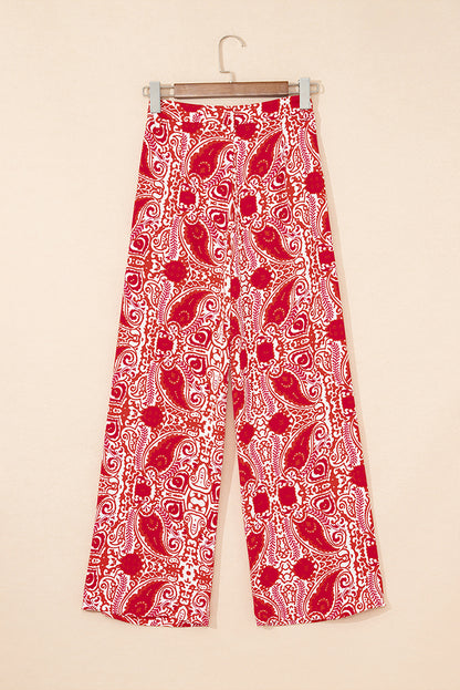 Red Paisley Printed Buttoned High Waist Straight Leg Pants