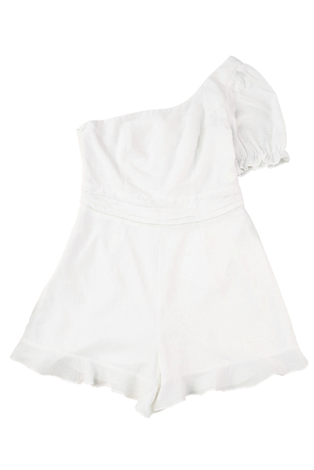 White One-shoulder Puff Sleeves Romper with Ruffle Trim