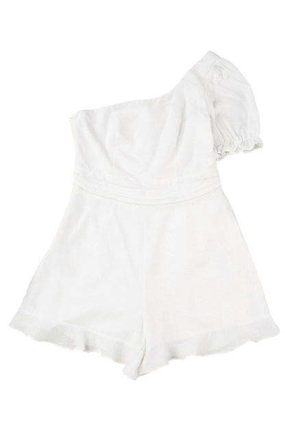 White One-shoulder Puff Sleeves Romper with Ruffle Trim