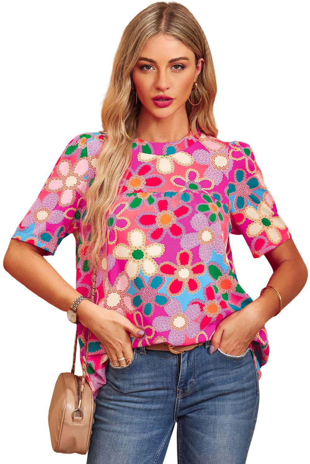 Multicolor Floral Print Smocked Square Neck Ruffles Blouse
