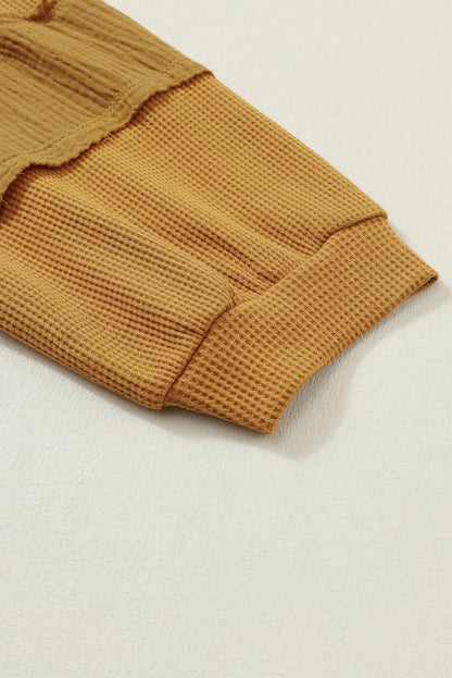 Chestnut Leopard Patchwork Chest Pocket Corded Henley Top