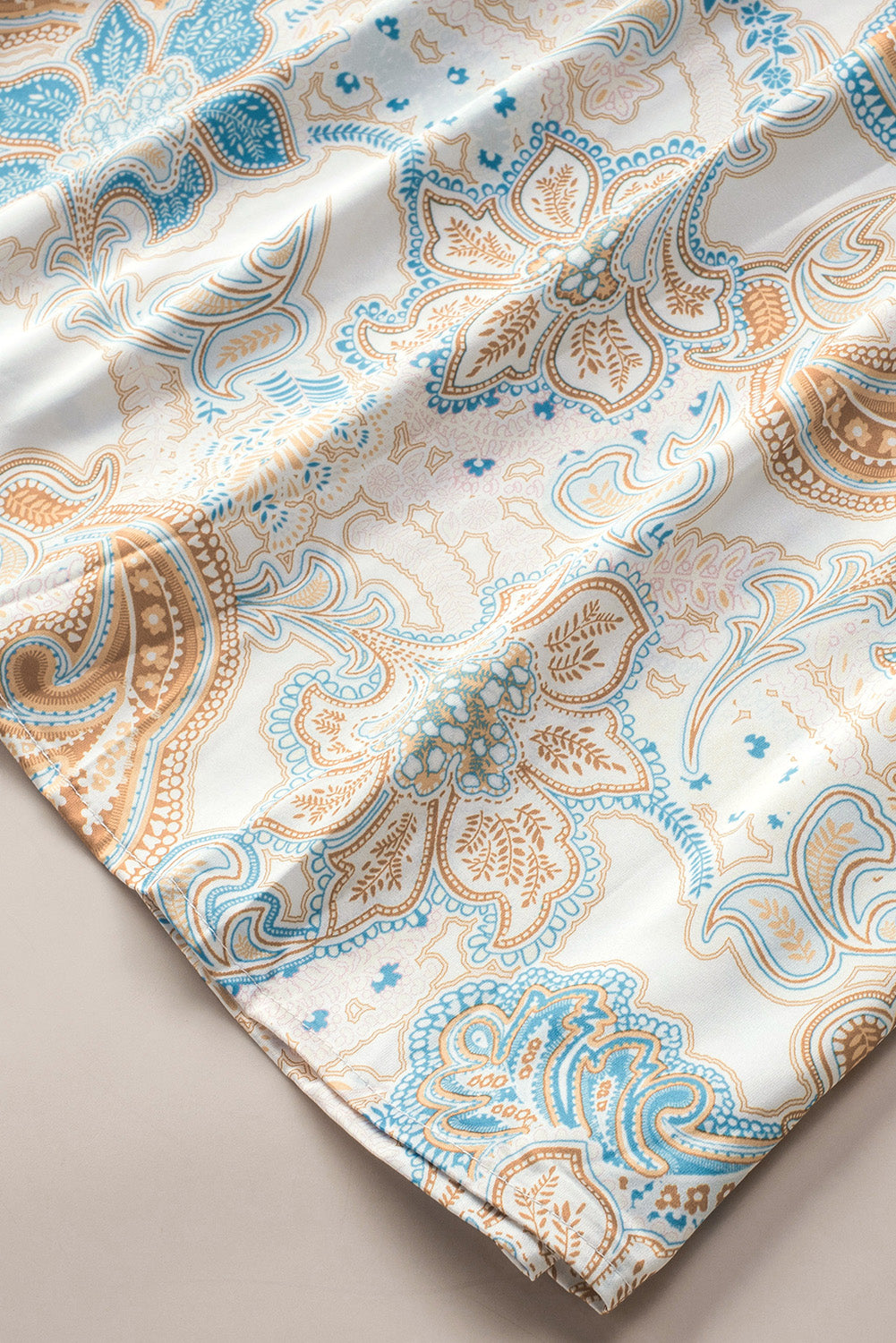 Sky Blue Paisley Pattern Print Drawstring V Neck Blouse