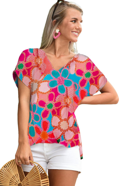 Multicolor Floral Print Bubble Sleeve Shirt
