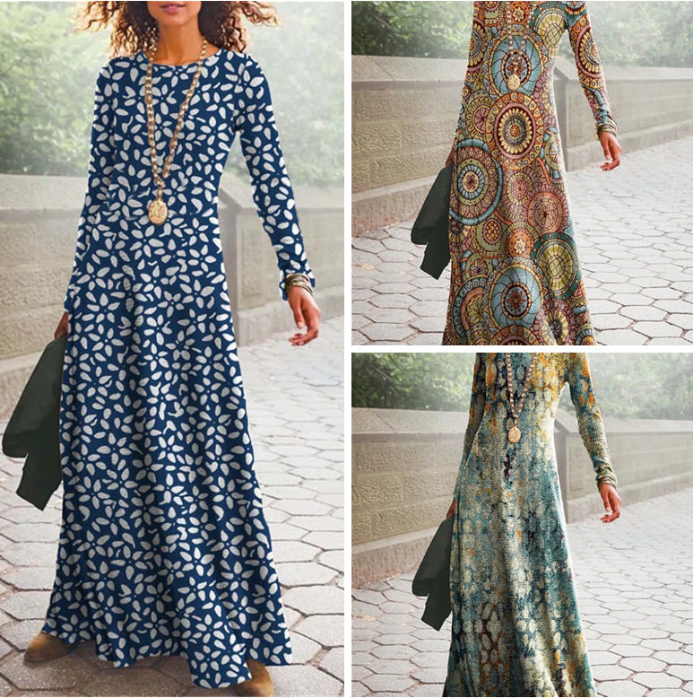 Women's Cotton Printed Round Neck Wide Hem Long Sleeve Dress