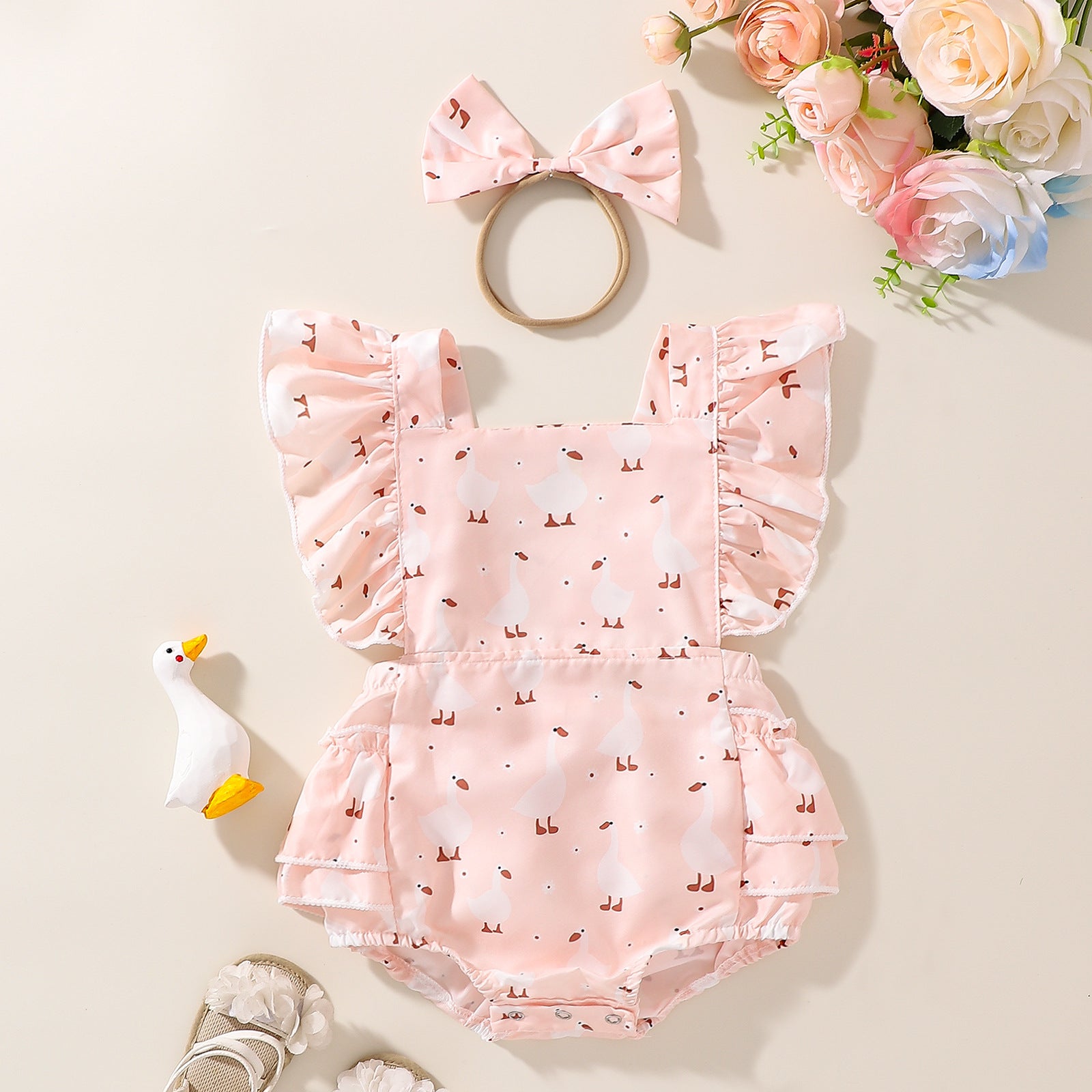 Cartoon Duck Flounced Sleeve Romper Hair Band Set
