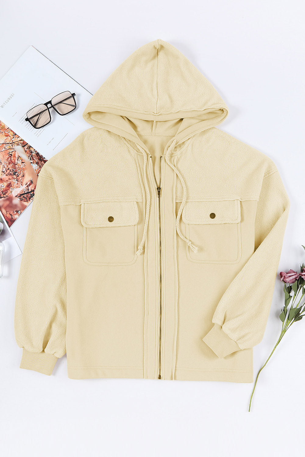 Gray Flap Pocket Drawstring Hood Zip Up Jacket