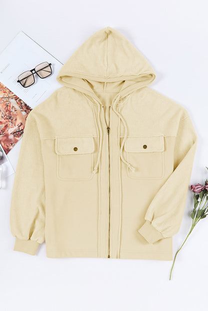 Gray Flap Pocket Drawstring Hood Zip Up Jacket