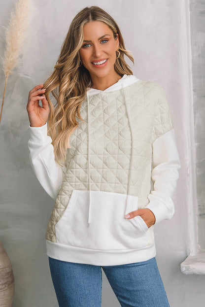 Beige Quilted V Neck Hoodie Drawstring Shorts Set