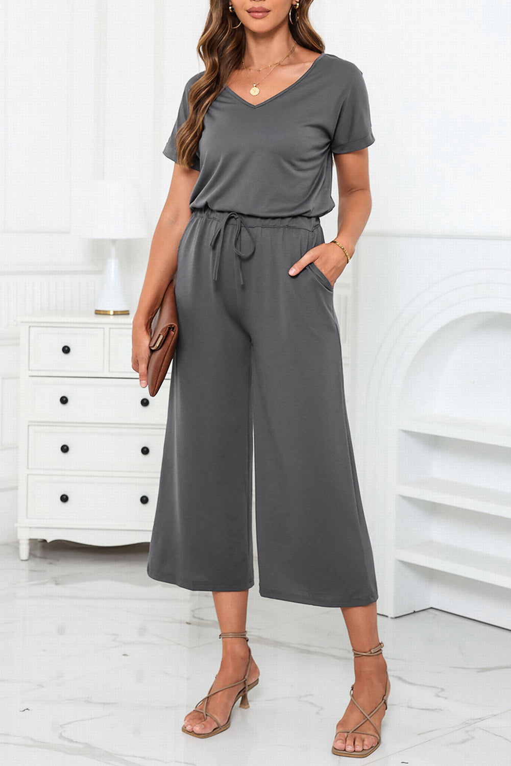 Gray Drawstring Waist Short Sleeve Wide Leg Jumpsuit