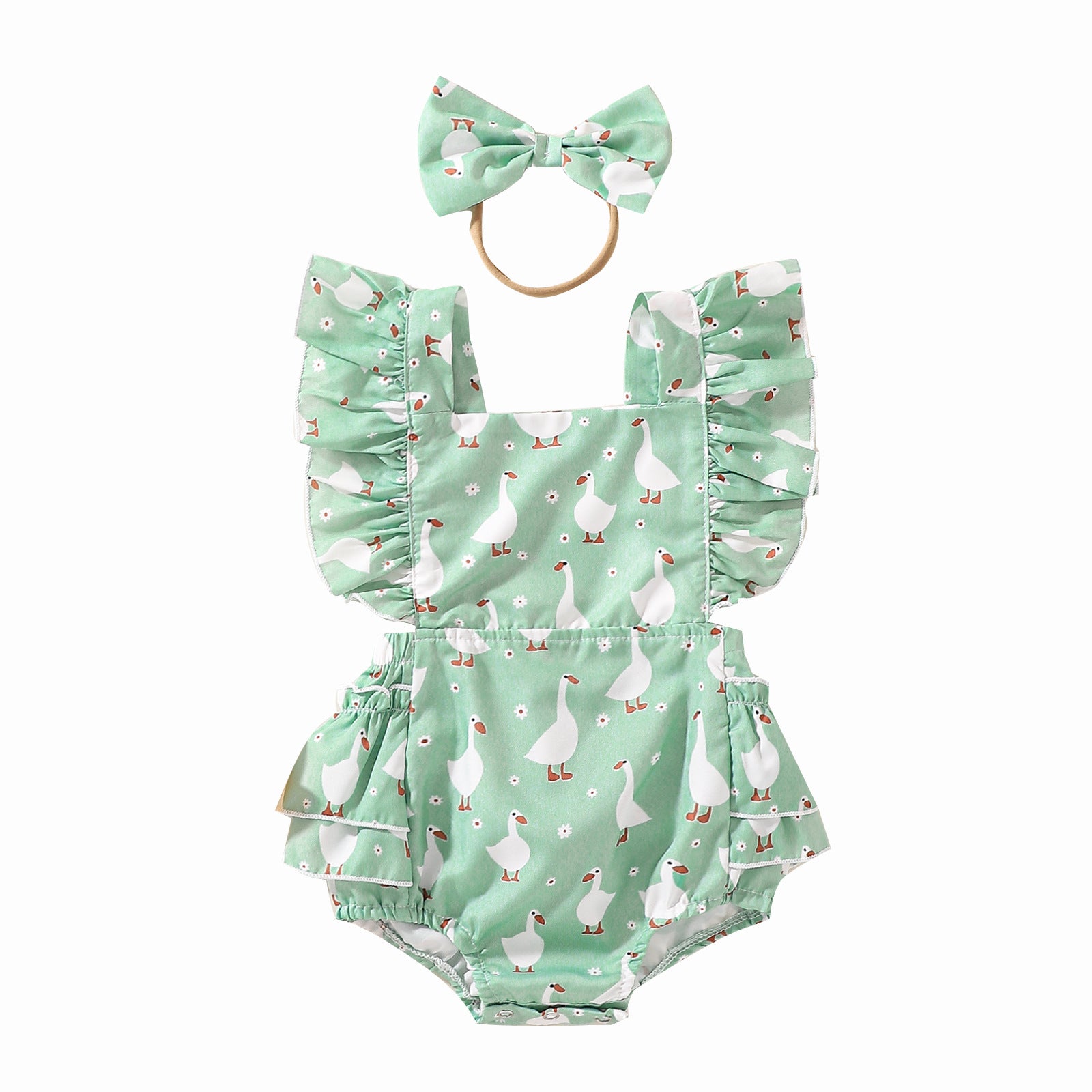 Cartoon Duck Flounced Sleeve Romper Hair Band Set