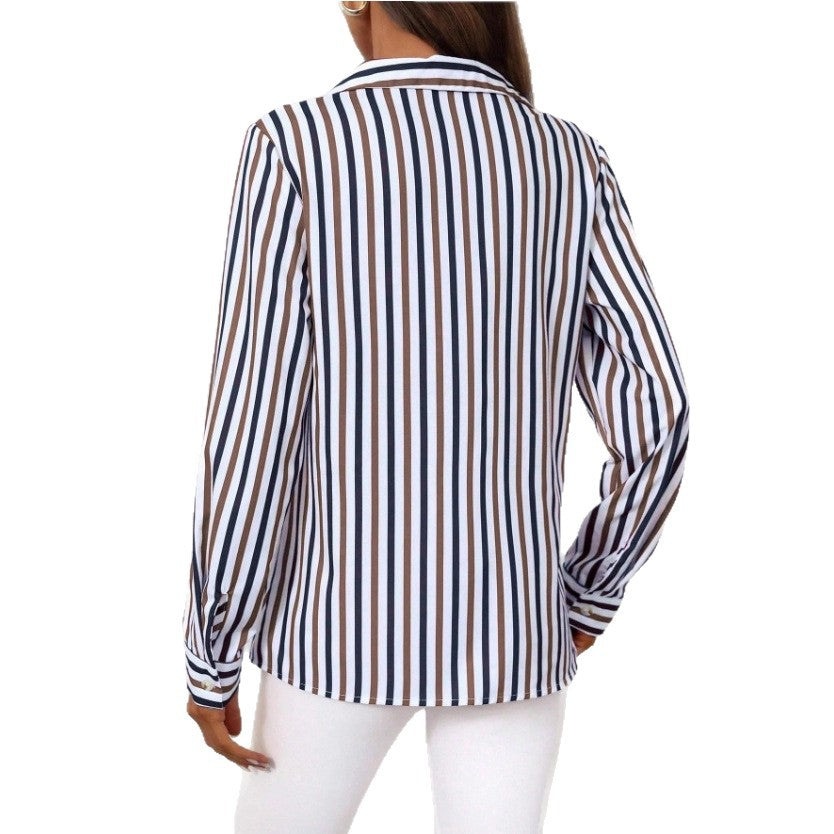 Womens Single-breasted Long-sleeve Casual Striped Shirt