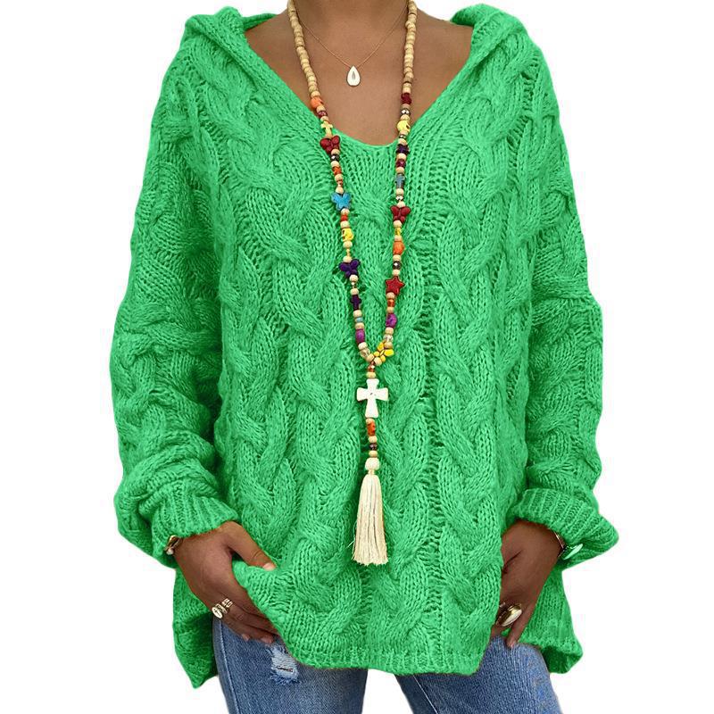 Solid Color Twist Knitted Hoodie Sweater For Women