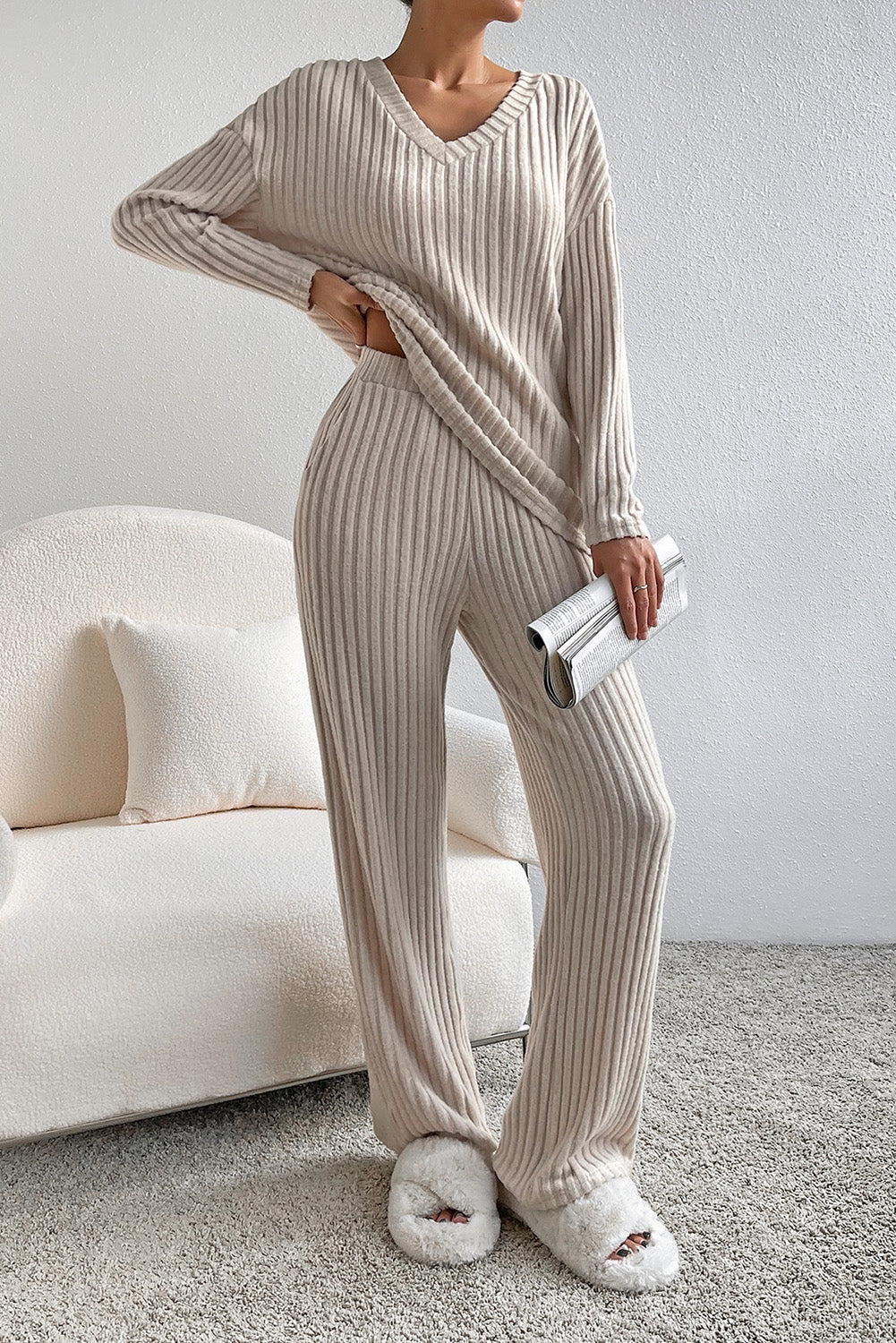 Pink Plain Ribbed Loose Fit Two Piece Lounge Set