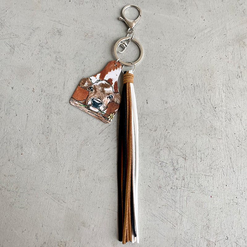 Western Farm Style Leather Key Chain Cow Horse Deer Cow Brand-shaped Leather Tassel