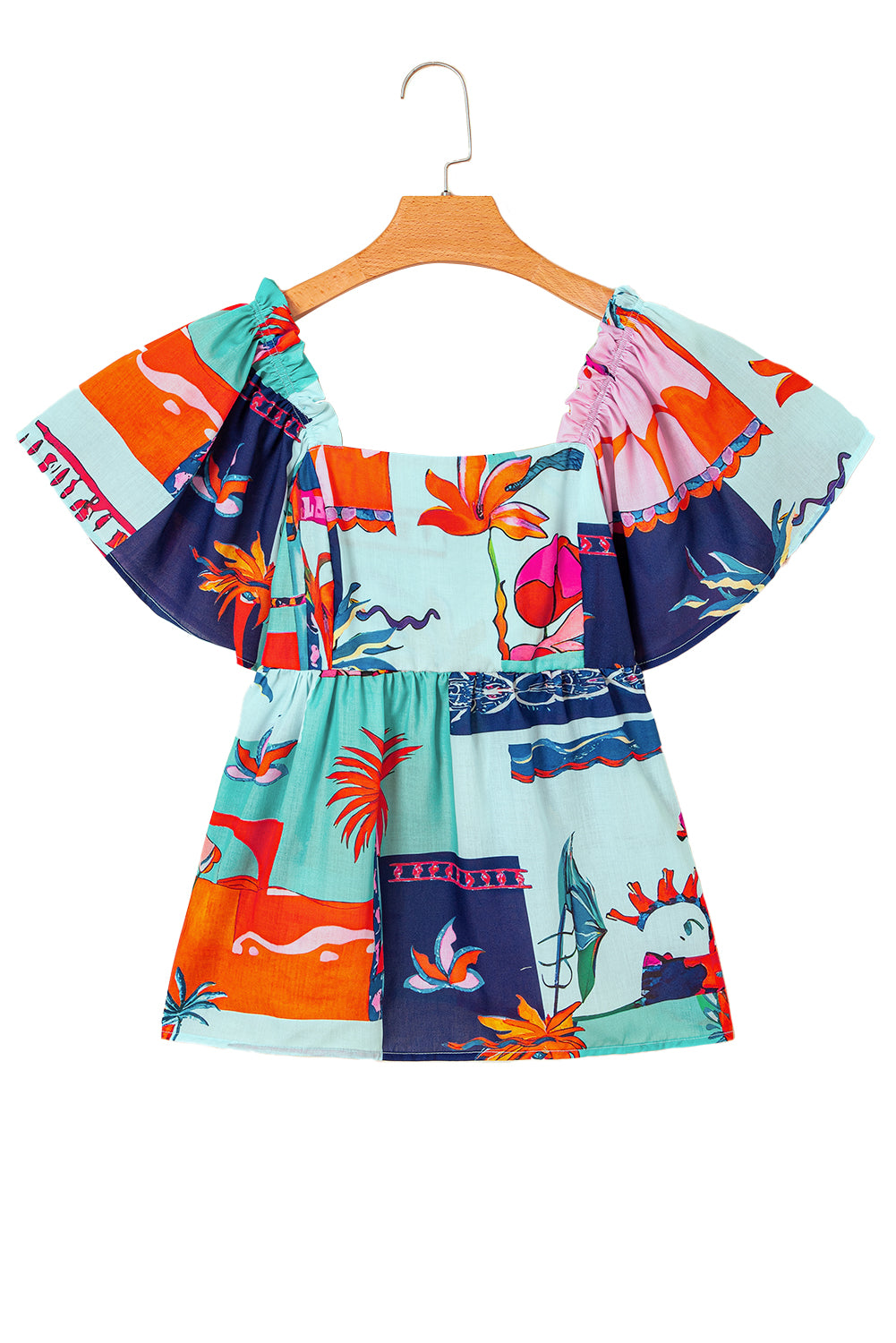 Sky Blue Tropical Printed Square Neck Flutter Sleeve Babydoll Blouse