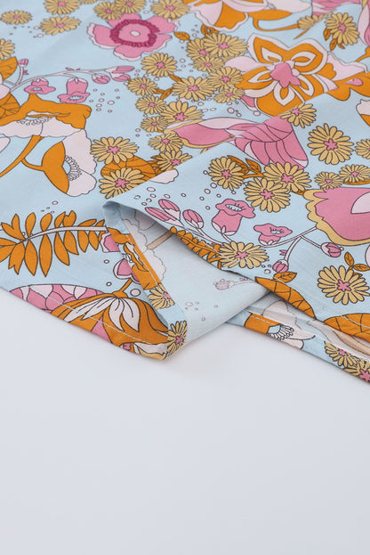 Brown Vintage Floral Smocked Bodice Flare Sleeve Tiered Long Dress