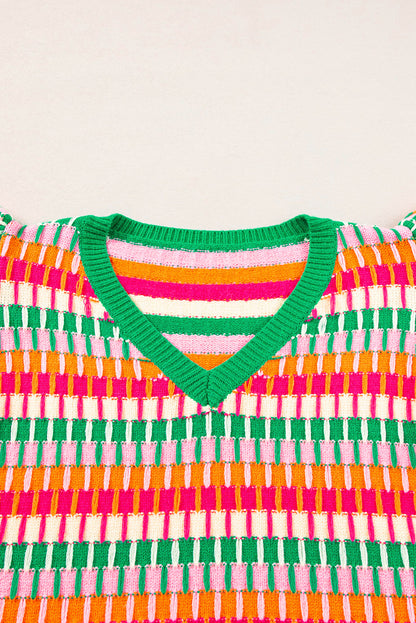 Green Multicolor Flutter Sleeve Knitted Sweater Top