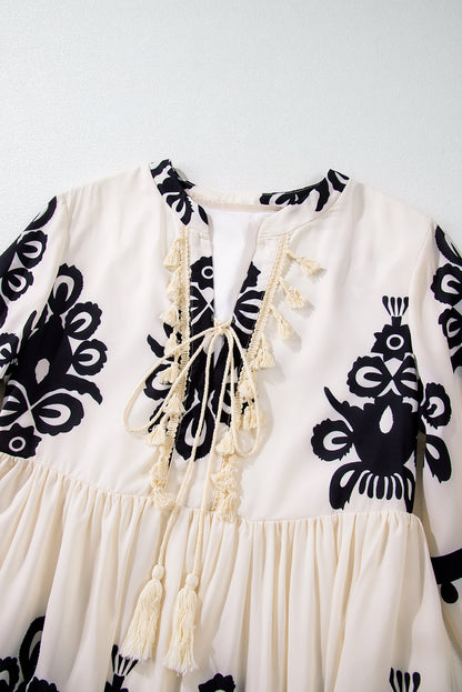 Beige Western Pattern Print Tasseled Notch V Neck Mini Dress