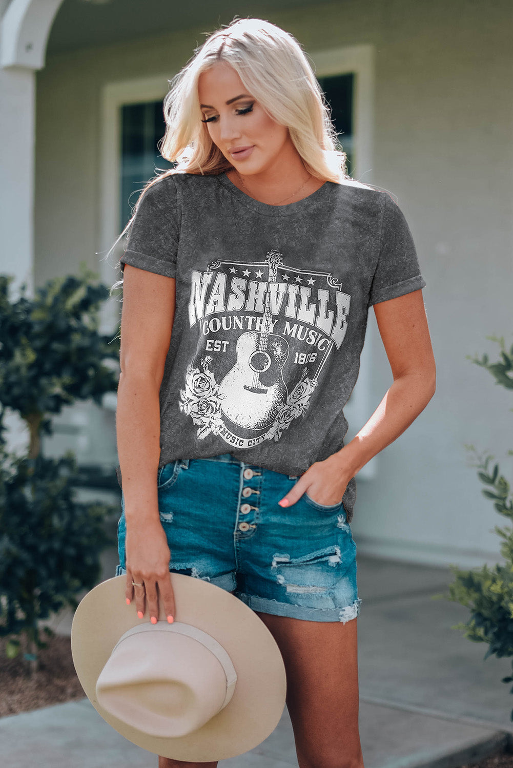 Gray Nashville Music City Graphic Mineral Washed Tee