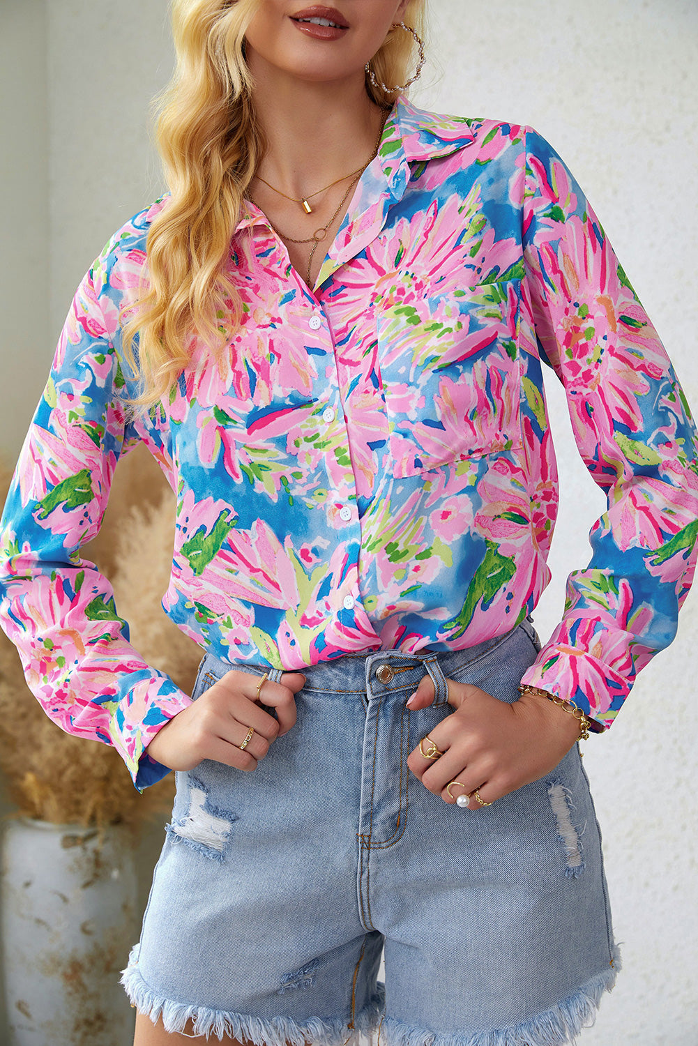 Pink Floral Print Buttoned V Neck Shirt