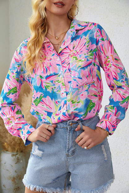 Pink Floral Print Buttoned V Neck Shirt