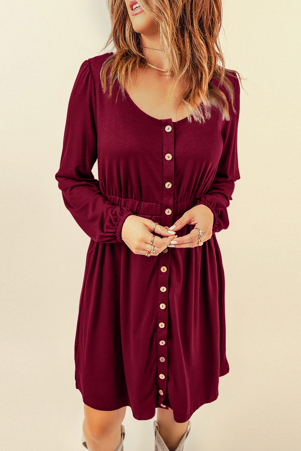 Orange Button Up High Waist Long Sleeve Dress