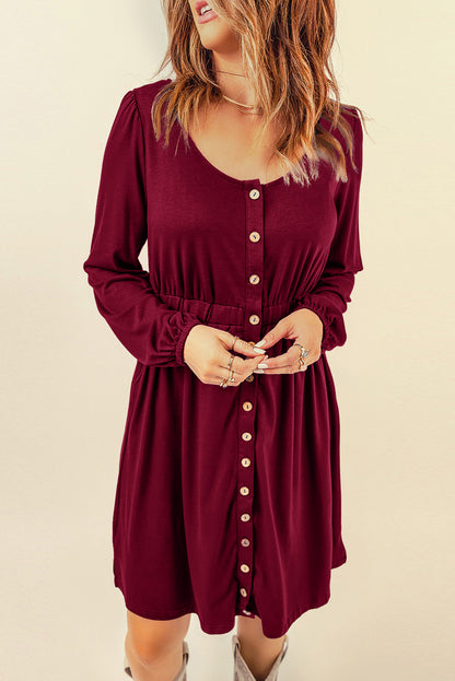 Orange Button Up High Waist Long Sleeve Dress
