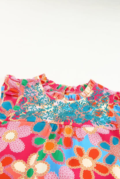 Multicolor Floral Print Bubble Sleeve Shirt