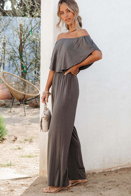 Gray Solid Color Off Shoulder Wide Leg Jumpsuit