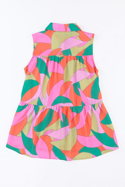 Multicolor Geometric Print Split Neck Ruffle Tiered Mini Dress