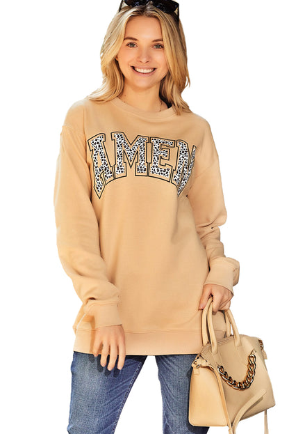 Pink AMEN Leopard Letter Print Oversized Pullover Sweatshirt