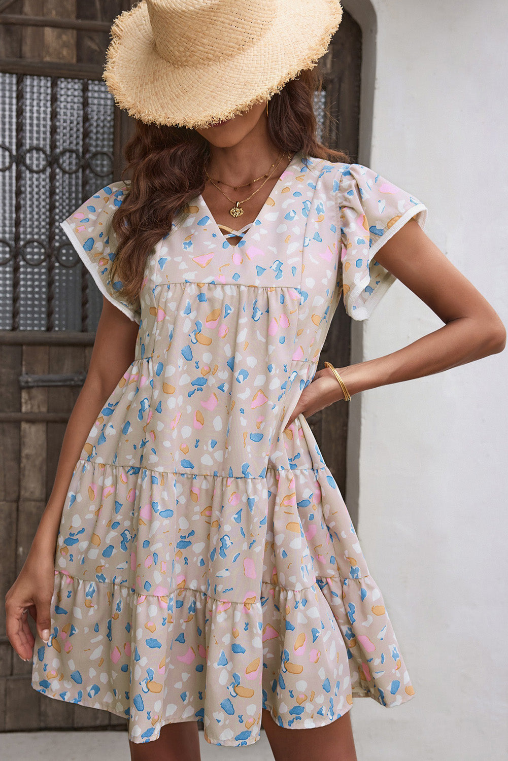 Rose Printed Crisscross Decor V Neck Flutter Sleeve Dress