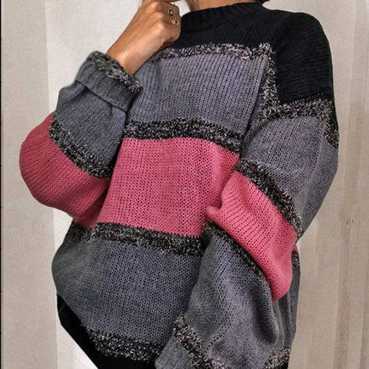 Women's multicolor stitching loose sweater