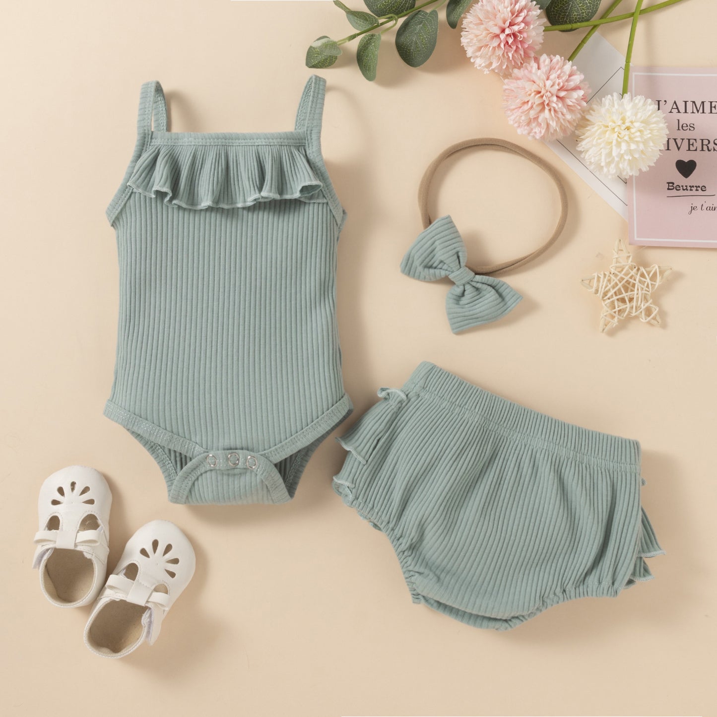 Children's Clothing Baby Solid Color Three-piece Set Sunken Stripe Strap Lace Multi-layer Edge Romper