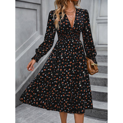 Women's Fashion Temperament High Waist Floral Print Long Sleeve Dress