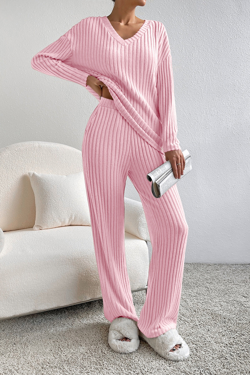 Pink Plain Ribbed Loose Fit Two Piece Lounge Set