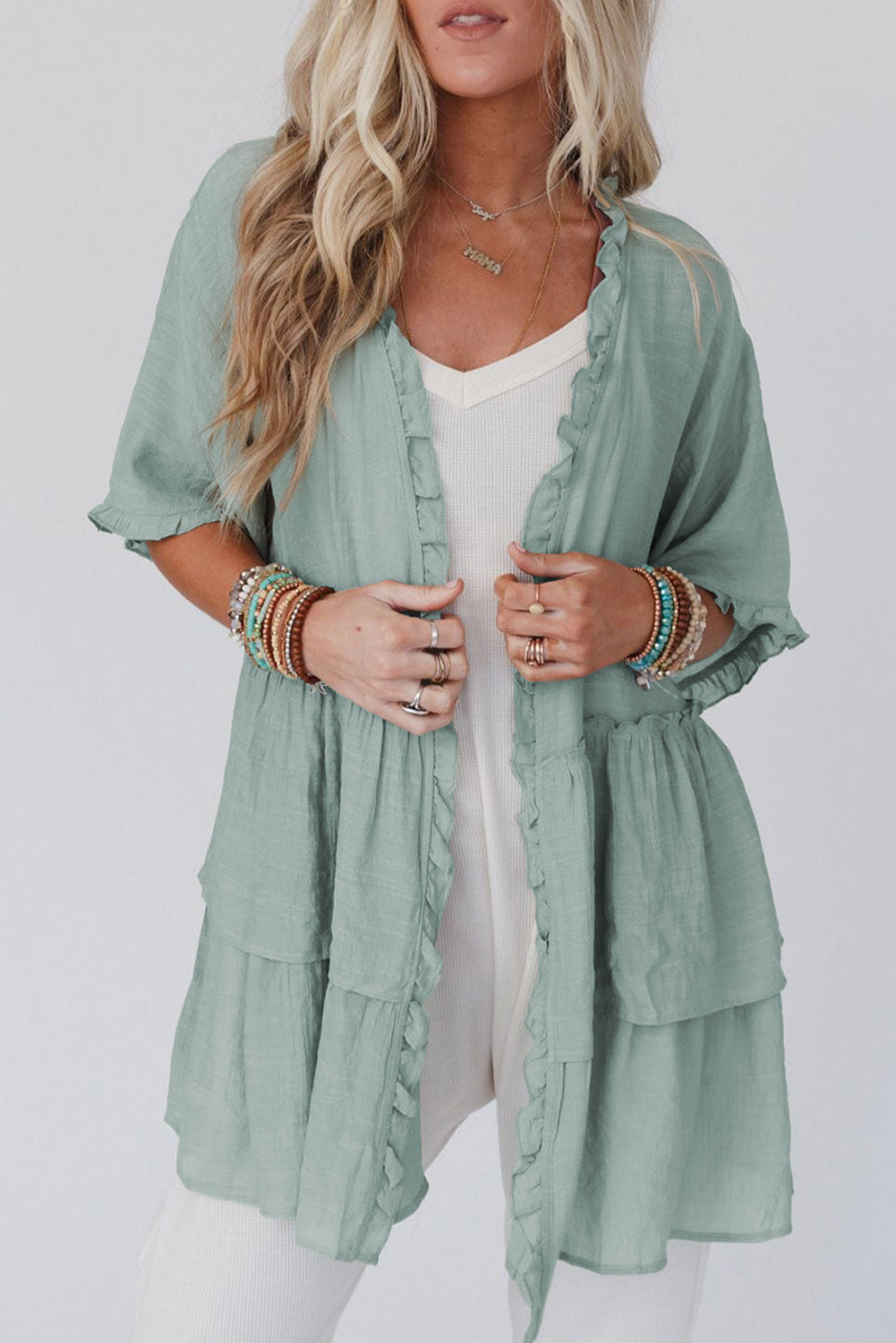 Gray Ruffled Trim Half Sleeve Open Front Kimono