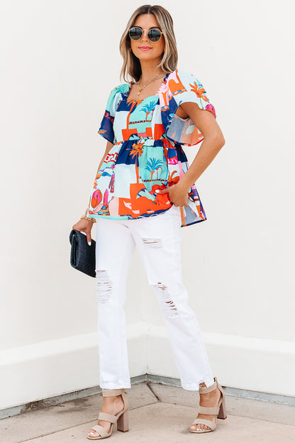 Sky Blue Tropical Printed Square Neck Flutter Sleeve Babydoll Blouse