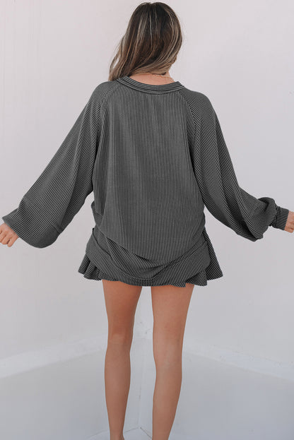 Dark Grey Corded Lantern Sleeve Top High Waist Ruffled Mini Skirt Set
