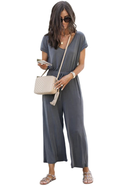 Gray Drawstring Waist Short Sleeve Wide Leg Jumpsuit