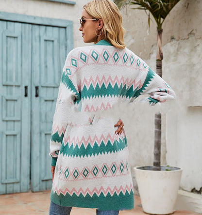 Diamond Shaped Check Color In The Long Knitted Cardigan