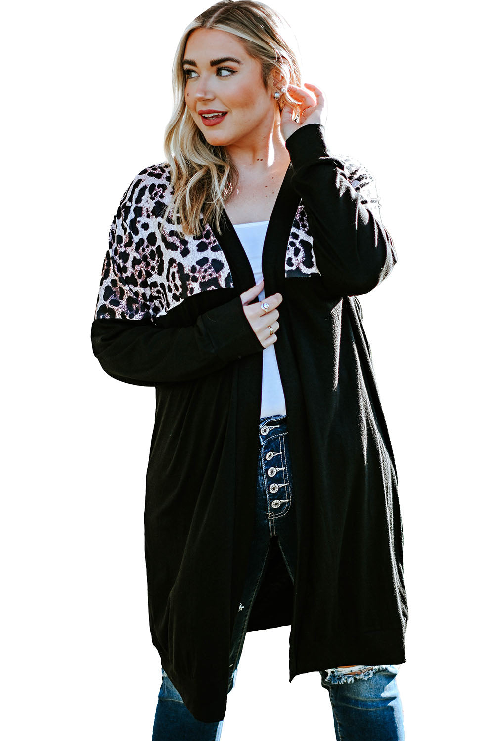 Green Printed Leopard Detail Plus Size Cardigan