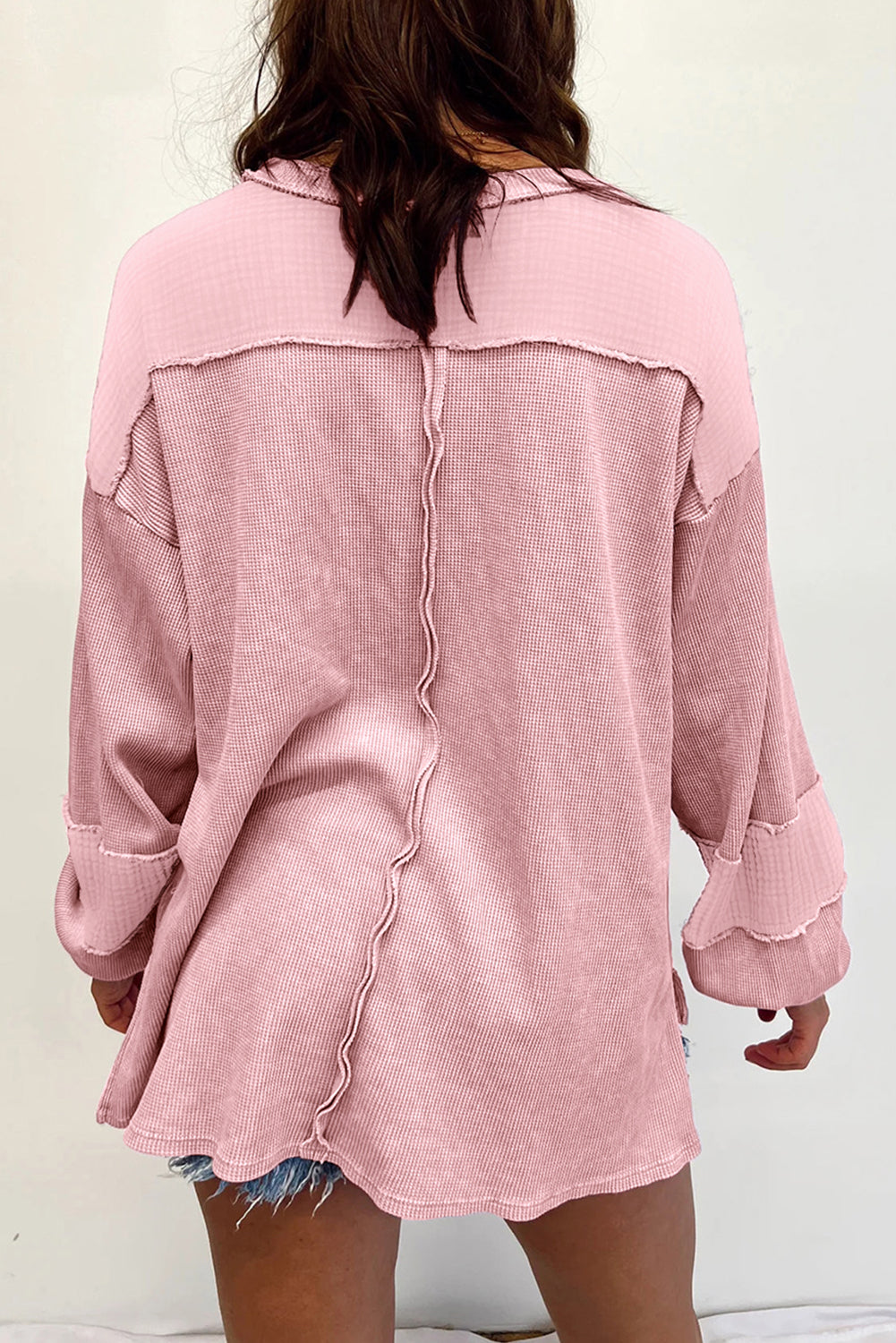 Chestnut Leopard Patchwork Chest Pocket Corded Henley Top