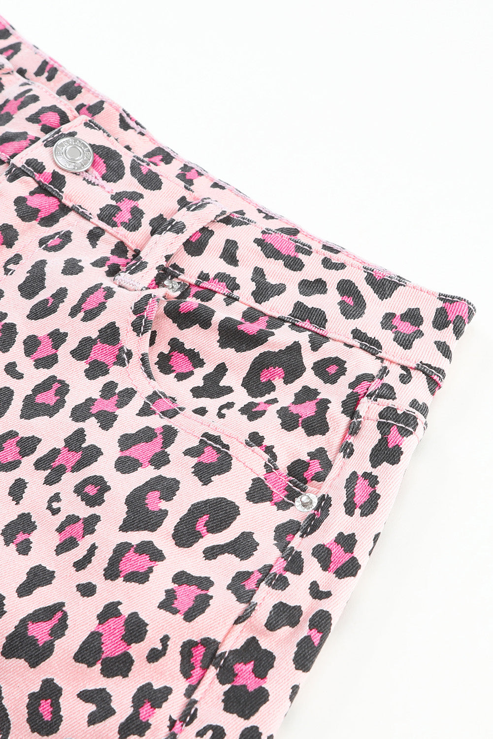 Pink Leopard Print Raw Hem Denim Shorts