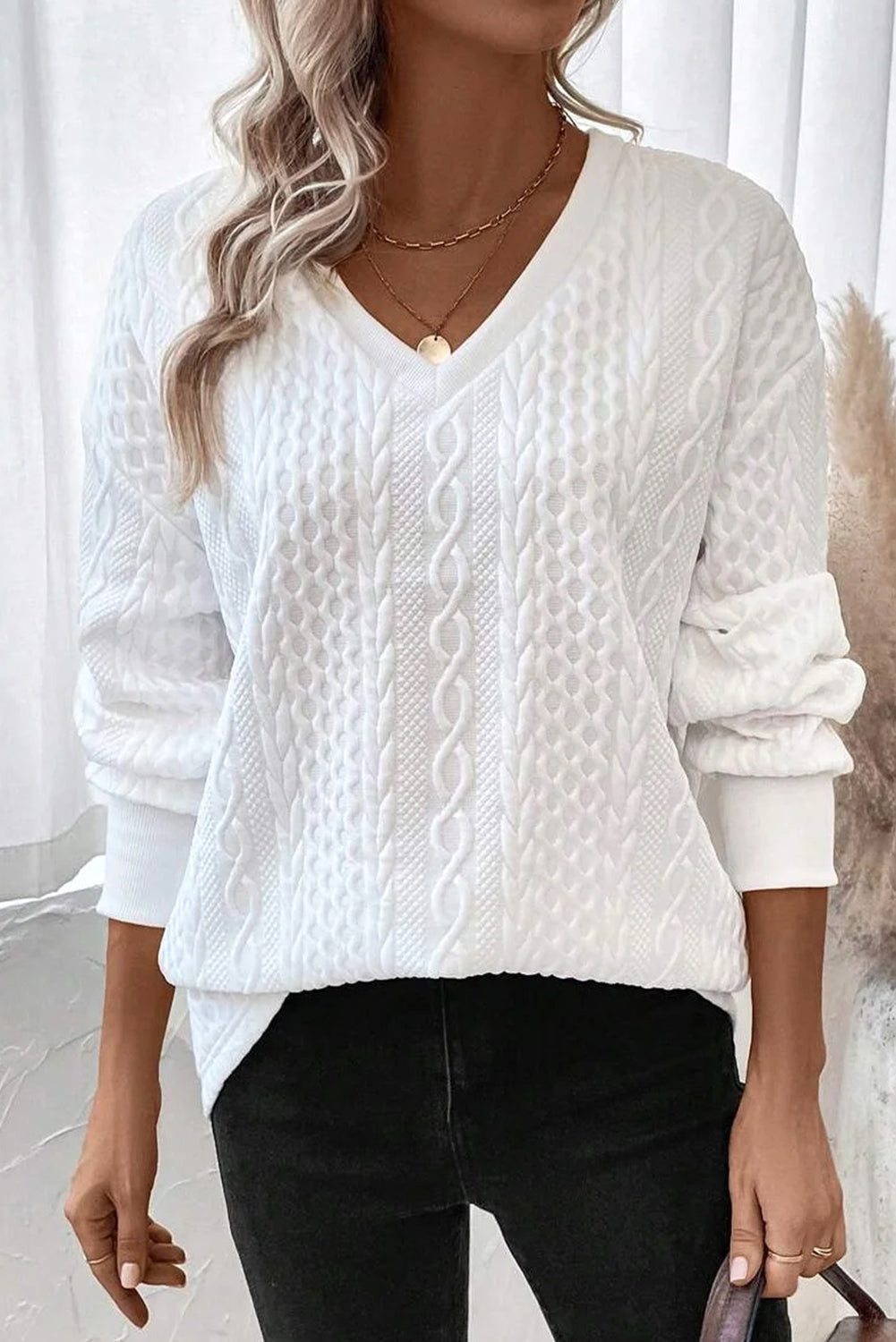 White Solid Color Textured V Neck Drop Shoulder Knit Top