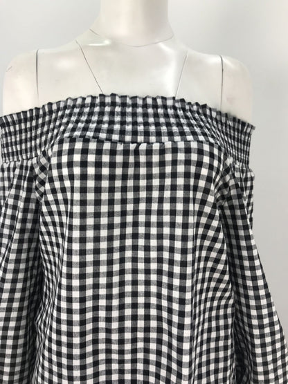 Elastic one-neck plaid all-match casual T-shirt top