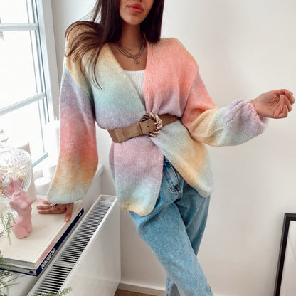 Autumn And Winter Rainbow Tie-dye Knitted Top Mid-length Cardigan Sweater