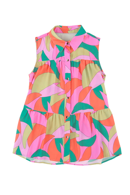 Multicolor Geometric Print Split Neck Ruffle Tiered Mini Dress
